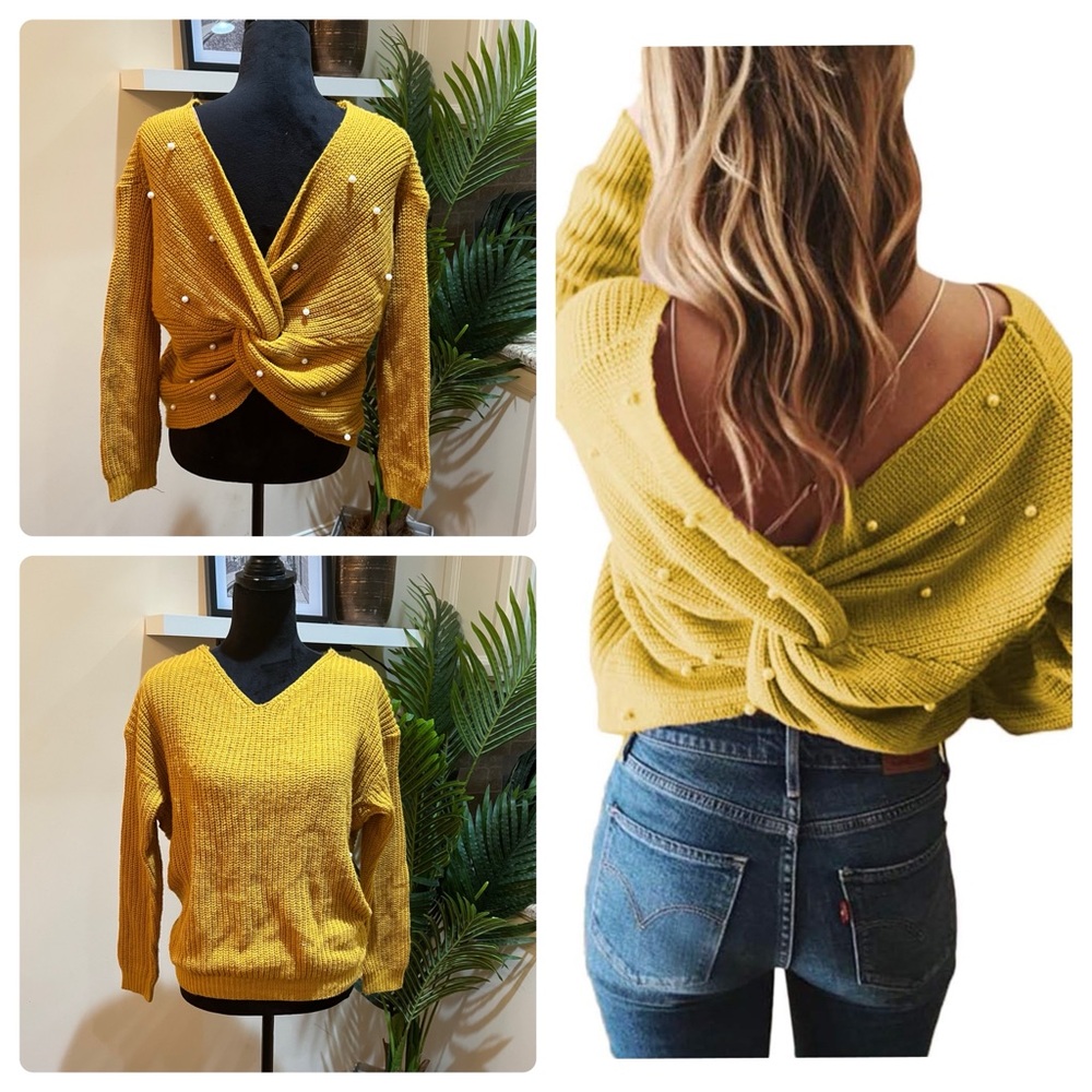 H&W Apparel Knit Pearl Embellished Yellow/Golden Knot Detail Sweater Medium